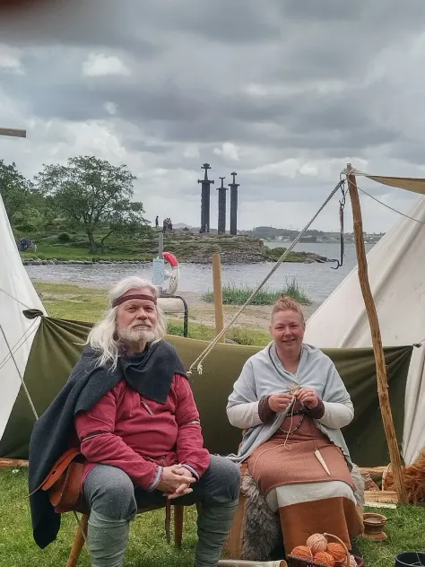Me playing Viking in Norway, at the Hafrsfjord Festival in 2022, with the president of the Karmoy Viking Club.